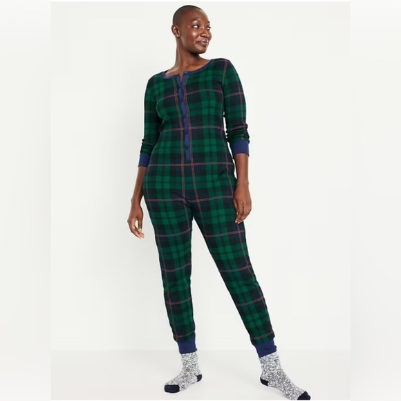 Old Navy Tartan Plaid Full Length Holiday Christmas One Piece Pajamas Onesie XL - Picture 1 of 6